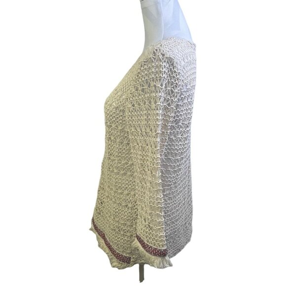 Umgee Crochet Knit Top  M Ivory  Aztec Print Hem Fringe - Picture 2 of 6